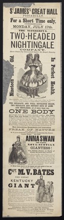 For a short time only, commencing Monday, July 17th  : the wonderful Two-Headed Nightingale Company ... also Miss Anna Swan the famous Nova-Scotian Giantess ... Capt. M. V. Bates the great Kentucky Giant.