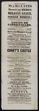 Last appearance but two of Mr. & Mrs. Yates : last appearance but four of Monsieur Bihin the celebrated Belgian giant, the tallest and handsomest man in the world, and also of the original troupe of Parisian monkeys! / Theatre Royal, Dublin.