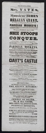 Second appearance, these three years, of Mrs. Yates whom is engaged for six nights only : second appearance of Monsieur Bihin the celebrated Belgian giant, the tallest and handsomest man in the world, and also of the original troupe of Parisian monkeys! / Theatre Royal, Dublin.