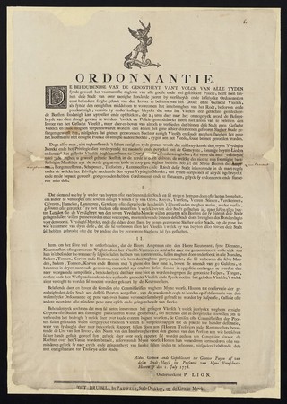 Ordonnantie : De behoudenisse an de gesontheyt van't volck van alle tyden synde geweest het voornaemste ooghwit van alle goede ende wel geschickte policie ... / onderteeckent P. Lion.
