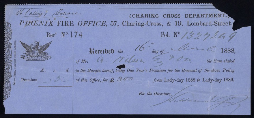 This policy of assurance witnesseth, that ... ha... paid to the Phoenix Assurance Company of London, the amount of premium and duty stated below as the present payment, and having agreed to pay, or cause to be paid to the said company on the day of expiration of this policy, for insurance from loss or damage by fire ...