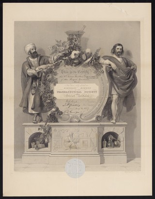 This is to certify that ... of ... has been duly elected an honorary member of the Pharmaceutical Society of Great Britain : incorporated by royal charter A.D. 1843, charter confirmed by Parliament 1852.