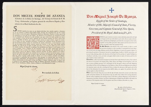 Viceregal decree : prohibiting the extraction of papers, documents, and books from archives and libraries, and their sale to biscuit-makers, rocket-makers, apothecaries, shopkeepers, and the like, for consumption in their trades : Mexico City, December 10, 1799 / Miguel Joseph de Azanza.