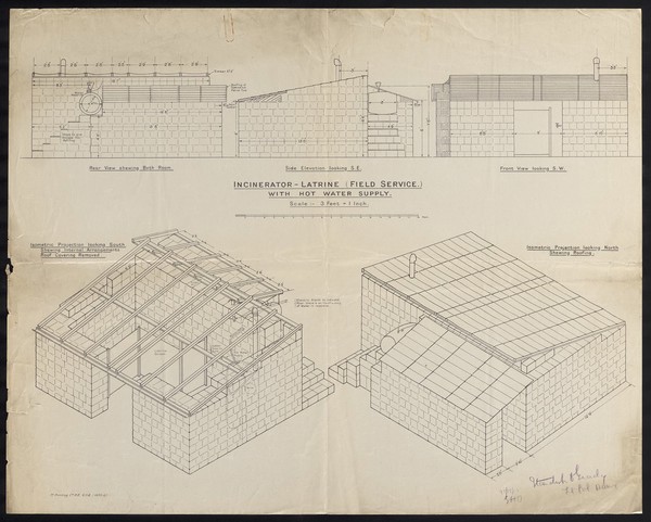 Incinerator-latrine (field service.) : with hot water supply.