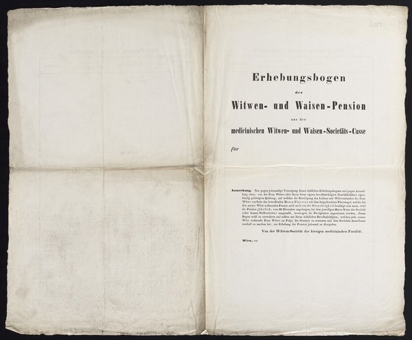 Erhebungsbogen der Witwen- und Waisen-Pension aus der medicinischen Witwen- und Waisen-Societäts-Casse für ...