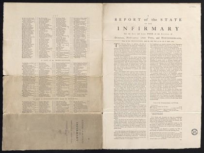 A report of the state of the Infirmary for the sick and lame poor of the counties of Durham, Newcastle upon Tyne, and Northumberland : from its first institution, April the 13th, 1751, to the 7th of April, 1752.