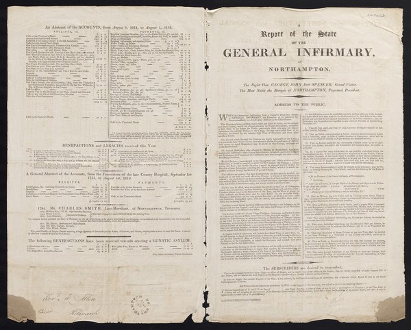 A report of the state of the General Infirmary, at Northampton / The Right Hon. George John Earl Spencer, Grand Visitor : The Most Noble the Marquis of Northampton, perpetual president.