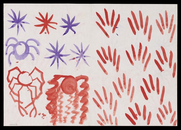 Left, red and mauve stars and crabs; right, twelve red hands. Watercolour by M. Bishop, 1976.