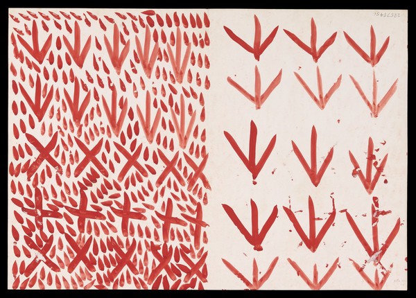 Left, fifteen red arrows; right, red arrows with crosses, saltires and teardrops. Watercolour by M. Bishop, ca. 1976.