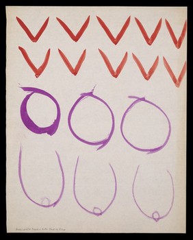 Ten red chevrons; purple circles and breasts. Watercolour by M. Bishop, 1976.