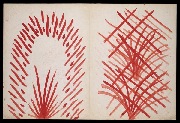 Left, a red excrescence surrounded by a red aureole; right, a red excrescence and grids. Watercolour by M. Bishop, ca. 1976.