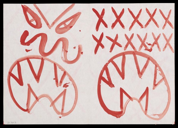 Left, a face with a mouth with sharp teeth; right, red saltires and a mouth with sharp teeth. Watercolour by M. Bishop, ca. 1976.