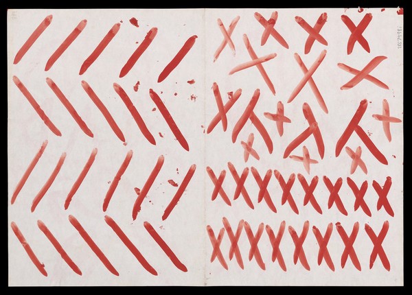 Left, red saltires and Y-shapes; right, red diagonals. Watercolour by M. Bishop, ca. 1976.