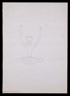 A woman seated on the ground, raising her arms with a sad expression. Drawing by M. Bishop, 1976.