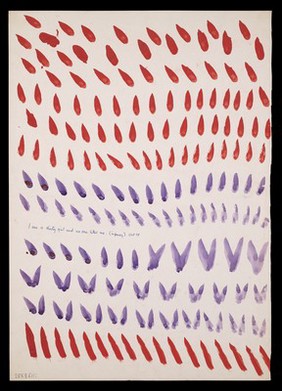 Teardrops, V-shapes and diagonals. Watercolour by M. Bishop, 1975.