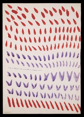 Teardrops, V-shapes and diagonals. Watercolour by M. Bishop, 1975.