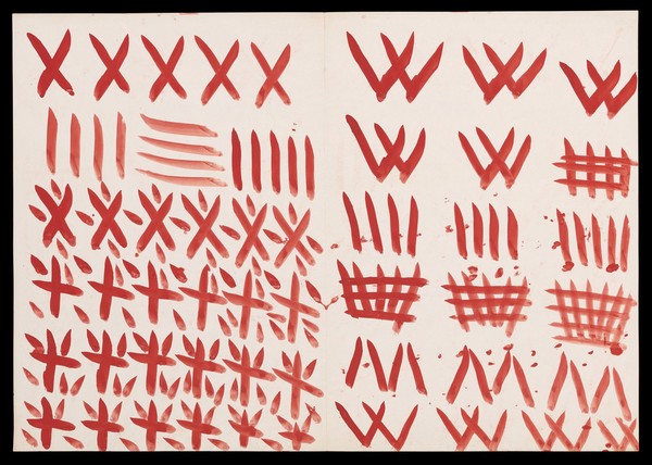 Saltires, grids, lines, crosses and V-shapes. Watercolour by M. Bishop, ca. 1976.