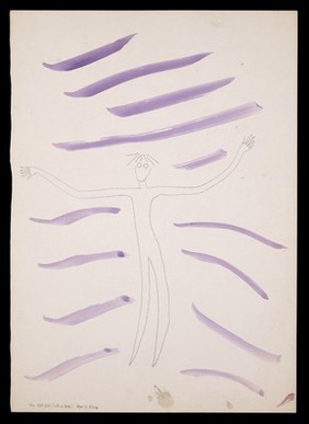 A standing figure drawn in outline with arms outstretched. Drawing by M. Bishop, 1975.