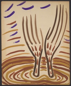 A pair of hands raised in supplication. Watercolour by M. Bishop, 1965.