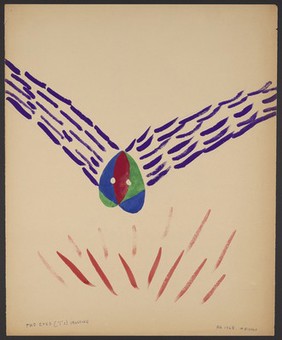 Purple parallel dashes meeting in a V-shape: two eye-shapes form the junction. Watercolour by M. Bishop, 1968.