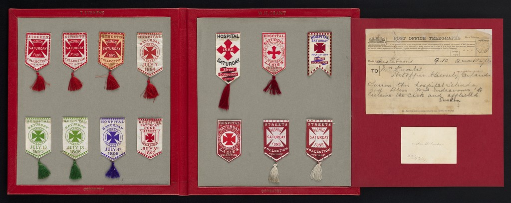 Hospital Saturday Fund : [fold-out presentation album of T. Stevens and W.H. Grant's 14 street collection flags from between 1886 to 1897 with a 1996 congratulatory telegram from Mr. and Mrs. Eusden and their business card].