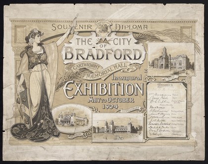 Souvenir diploma : the city of Bradford Cartwright Memorial Hall inaugural exhibition May to October 1904 : music, industries, art.