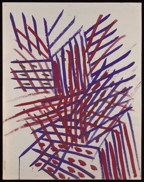 Grids of vertical and diagonal lines. Watercolour by M. Bishop, 197- (?).