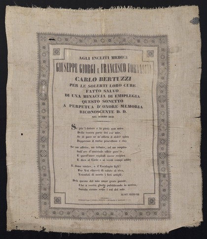Agli incliti medici Giuseppe Giorgi e Francesco Formasini : per le solerti loro cure fatto salvo di una minaccia di emiplegia questo sonetto a perpetua d'onore emoria riconoscente D. D. nel Marzo 1841 / Carlo Bertuzzi ; [poem] del dott. Vincenzo Peri.