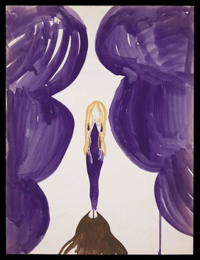 A woman standing barefoot on a brown rock, hemmed in by purple boulders or clouds. Watercolour by M. Bishop, 1969.