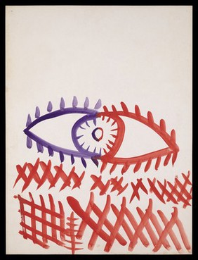 Two eyes combined; below, saltires and grids. Watercolour by M. Bishop, 1969.