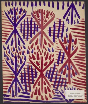 Torches or trees with purple and red grids. Watercolour by M. Bishop, ca. 1965.