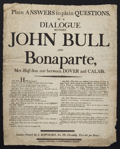 Plain answers to plain questions, in a dialogue between John Bull and Bonaparte : met half-seas over between Dover and Calais.