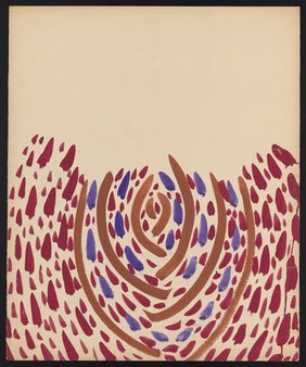 A cumulation of darts around the branches of a brown calyx. Watercolour by M. Bishop, 1966.
