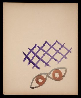 A pair of eyes above a purple grid. Watercolour by M. Bishop, 1967.