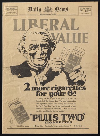 Liberal value : 2 more cigarettes for your 6d. ... 'Plus Two' cigarettes, 12 for 6d.