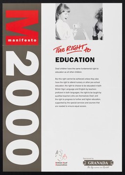 Manifesto 2000 : the right to education / British Deaf Asscociation ; sponsored by Granada, the top name in rental.