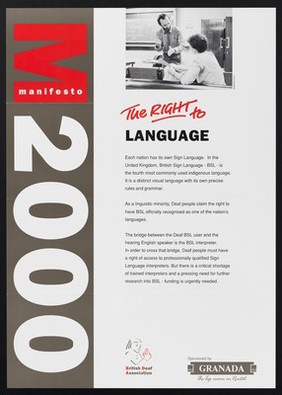 Manifesto 2000 : the right to language / British Deaf Asscociation ; sponsored by Granada, the top name in rental.