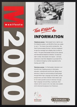 Manifesto 2000 : the right to information / British Deaf Asscociation ; sponsored by Granada, the top name in rental.