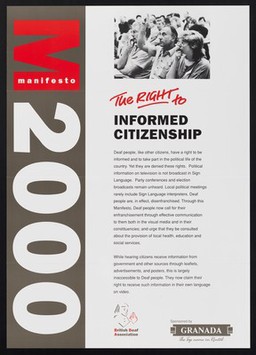 Manifesto 2000 : the right to informed citizenship / British Deaf Asscociation ; sponsored by Granada, the top name in rental.