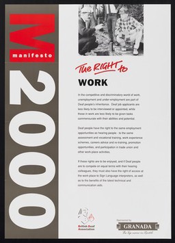 Manifesto 2000 : the right to work / British Deaf Asscociation ; sponsored by Granada, the top name in rental.