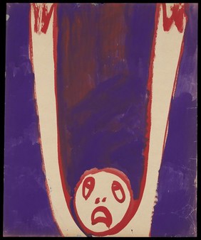 The head and raised arms of a person in distress, against a purple ground. Watercolour by M. Bishop, 1963.