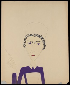 The head and raised arms of a person in distress, against a purple ground. Watercolour by M. Bishop, 1963.