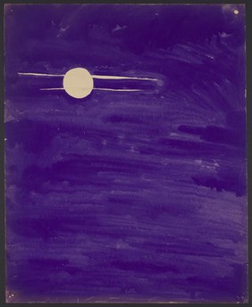 The moon traversed by two thin clouds in a purple sky. Watercolour by M. Bishop, 1967.