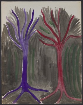 A dark forest with a purple tree and a red tree. Watercolour by M. Bishop, 1970.