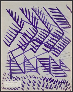 Spiky branches, grids and darts. Watercolour by M. Bishop, 1970.