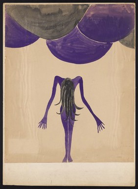 A purple woman bowing her head and holding out her arms, standing below purple and black spheres. Watercolour by M. Bishop, ca. 1970.
