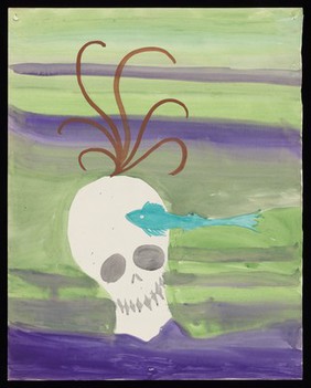 A skull on the seabed, with seaweed growing on it and a fish swimming past. Watercolour by M. Bishop, 1969.