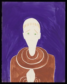 Head of a monk. Watercolour by M. Bishop, 1969.