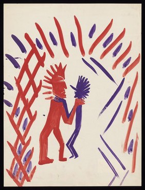 Anger and guilt as two people trying to strangle each other, with a fence around them. Watercolour by M. Bishop, 1965 (?).