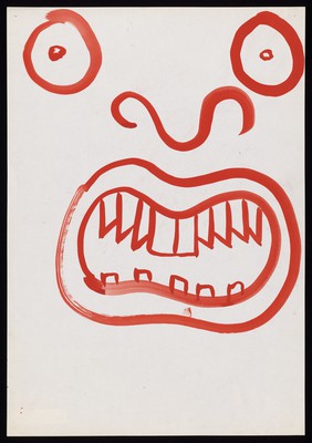 A red face with a snarling mouth. Watercolour by M. Bishop, 1971.